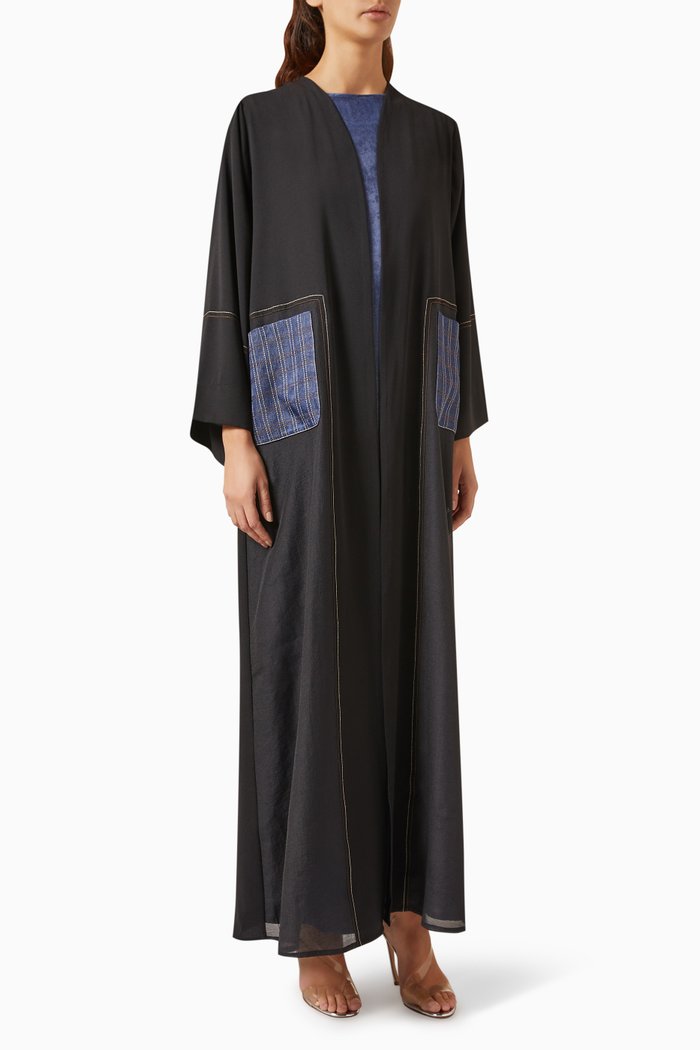 

3-piece Check Pocket Abaya Set, Black