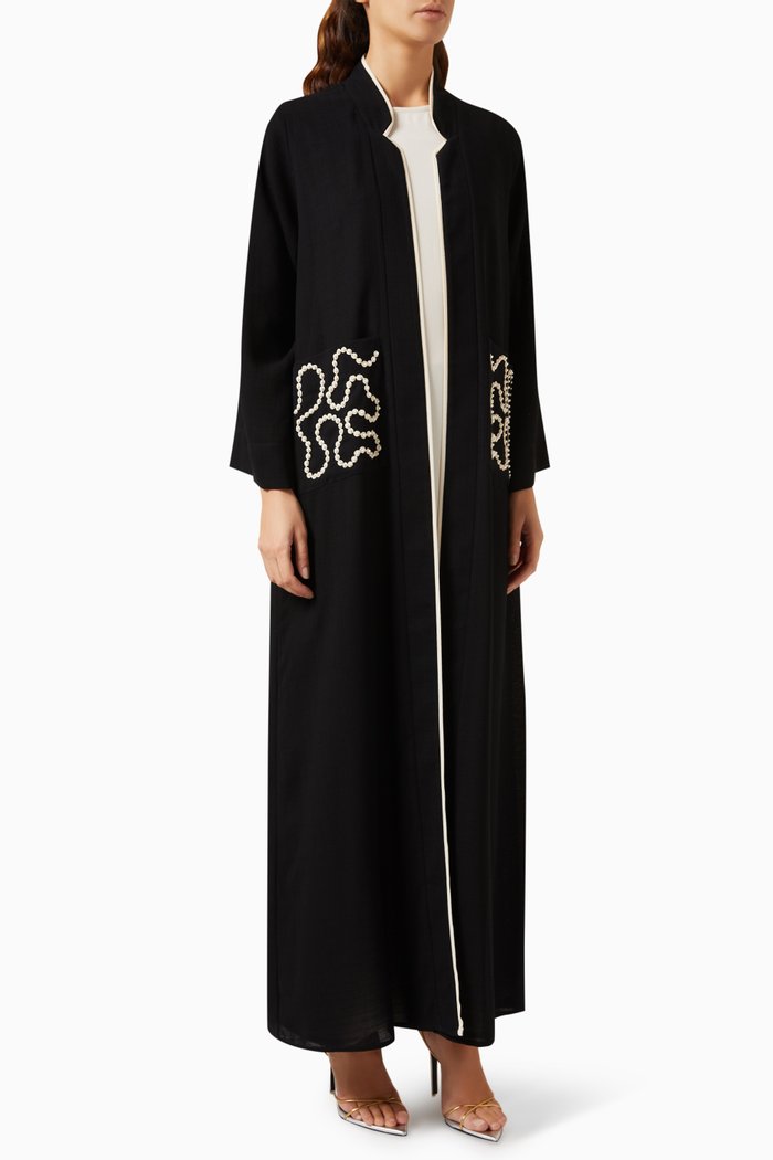 

3-piece Pearl-embellished Abaya Set, Black