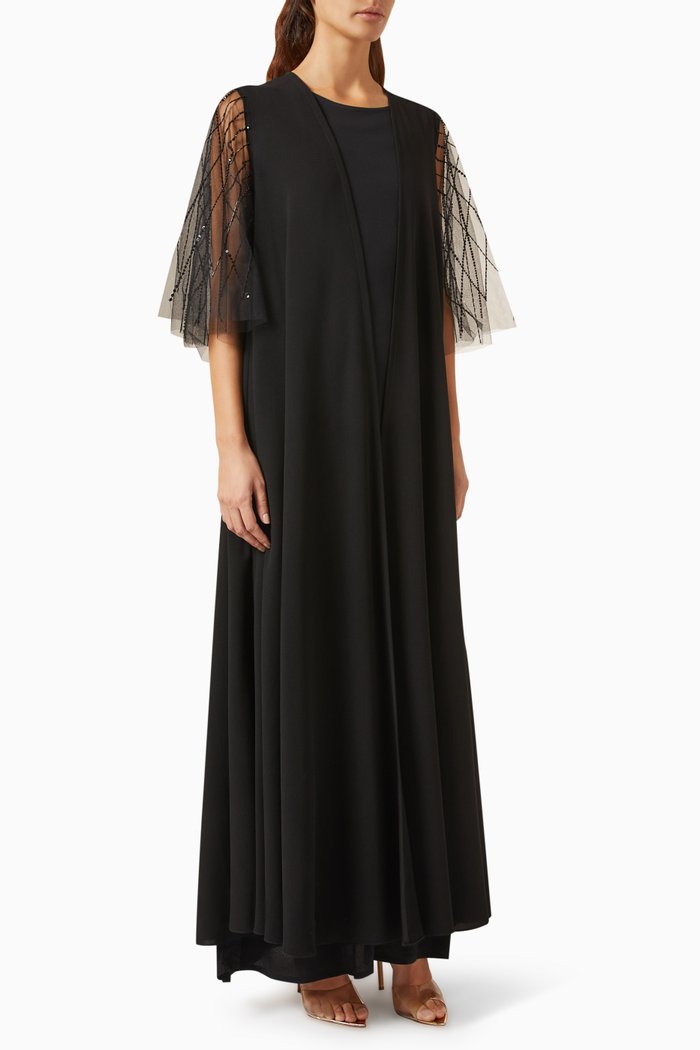 

3-piece Embellished-sleeve Abaya Set, Black