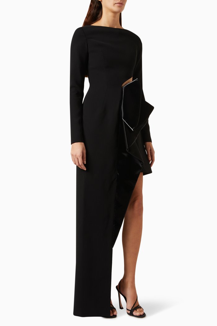 

Asymmetrical Hem Maxi Dress in Crepe, Black