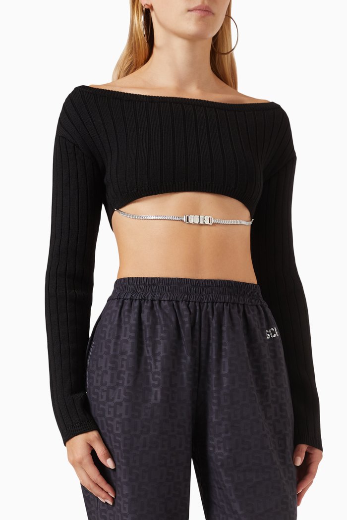 Crystal-embellished Crop Sweater in Ribbed Knit, Black