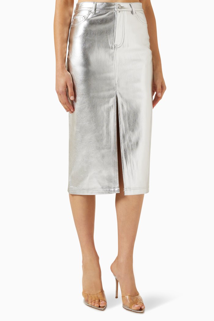 Oaklyn Midi Skirt in Vegan Leather, Silver