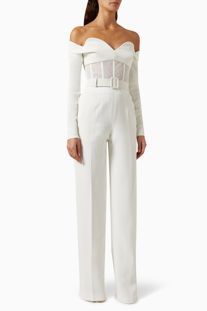

Off-shoulder Belted Jumpsuit in Crepe & Mesh, White