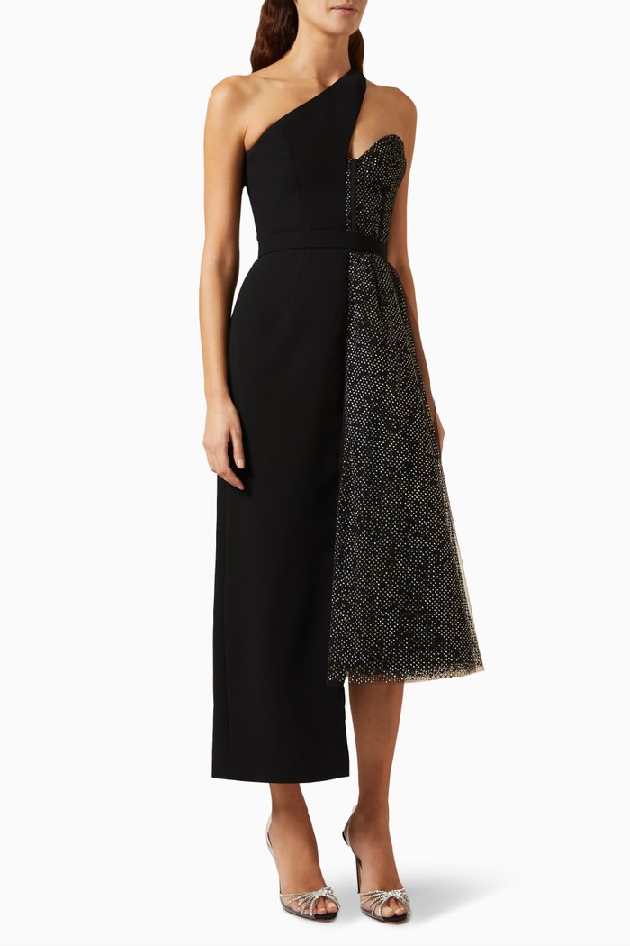 

One-shoulder Crystal-net Midi Dress in Crepe, Black