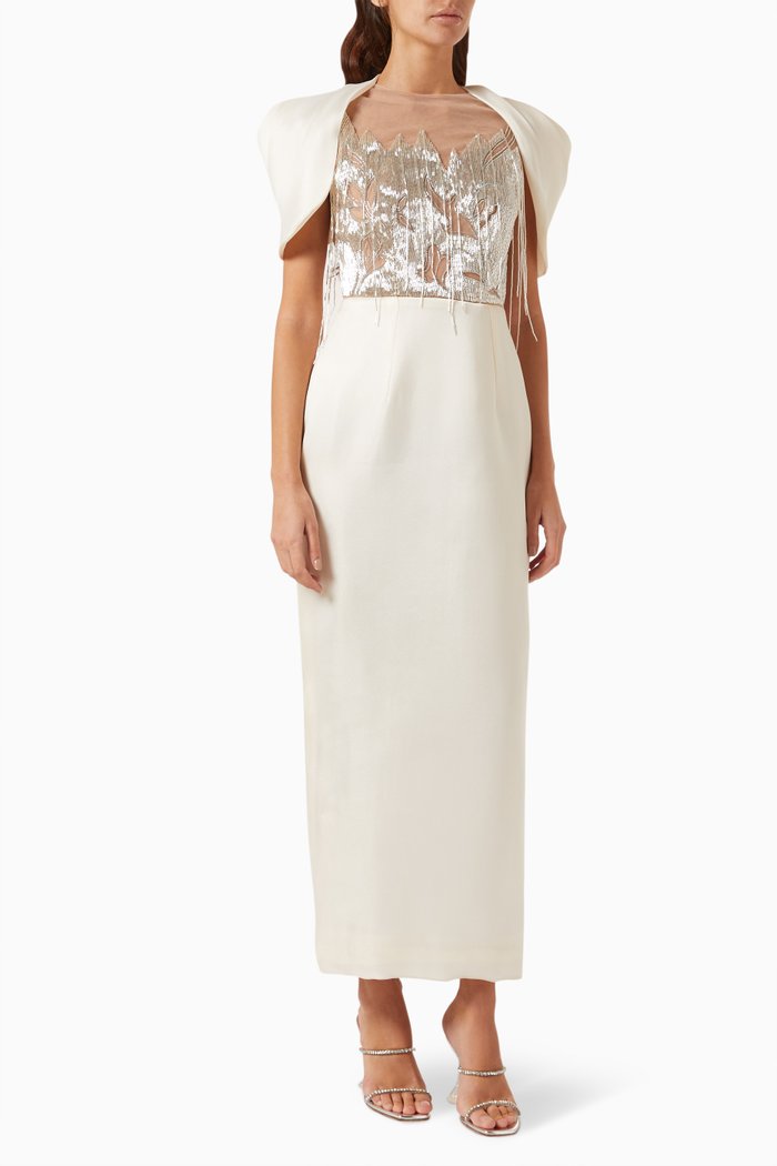 

Sculptural Fringe Dress in Crepe, Neutral