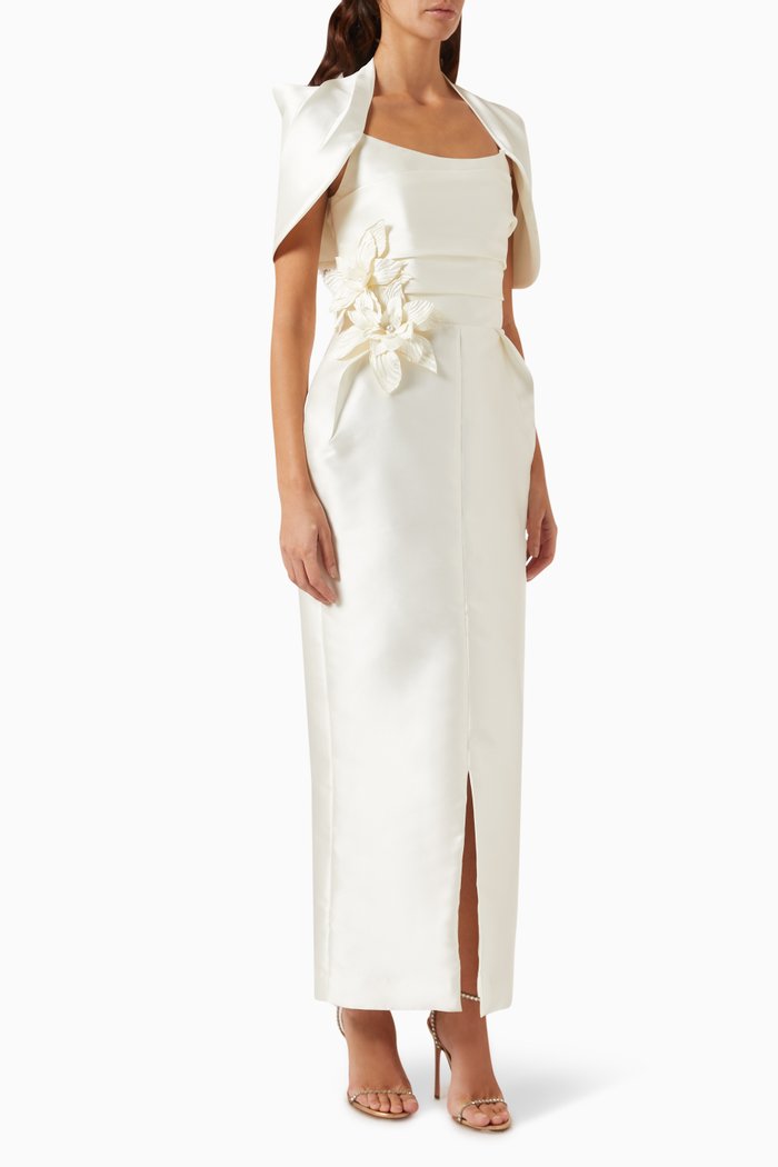 

Sculptural Floral Appliqué Dress in Satin, Neutral