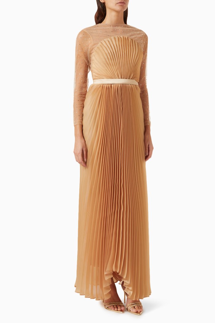 

Crystal-embellished Pleated Dress, Neutral