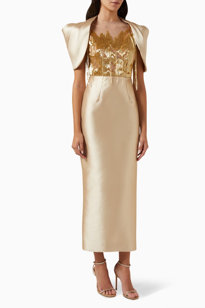 

Sculptural Fringe Dress in Satin Crepe, Gold