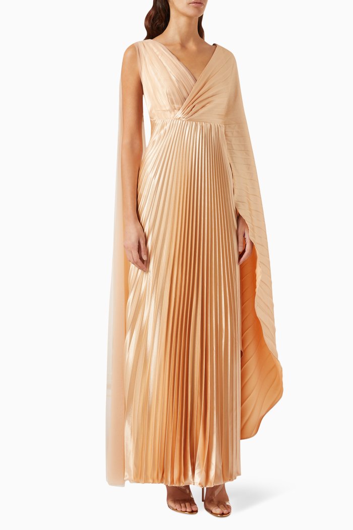 

Cape Sleeve Pleated Dress in Satin Crepe, Neutral
