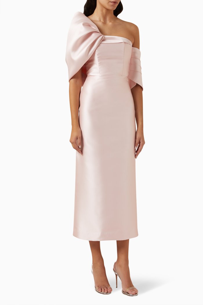 Off-the-shoulder Sculptural Dress in Satin Crepe, Pink