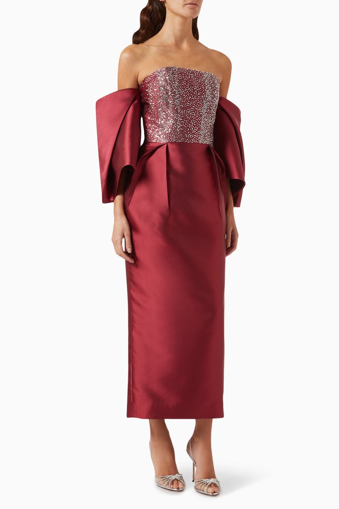 

Off-the-shoulder Sequinned Dress in Satin Crepe, Red