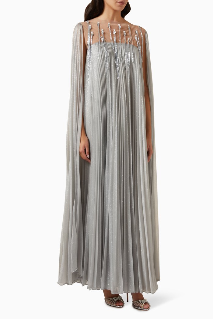 Sequinned Cape Dress in Tulle, Silver