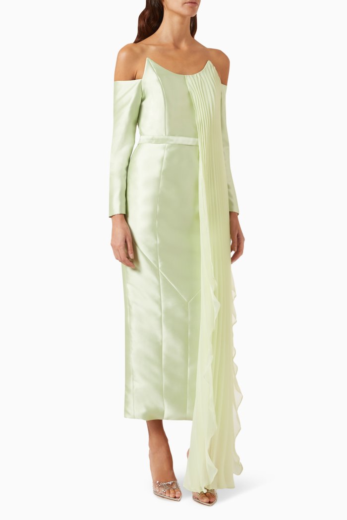

Pleated Off-shoulder Midi Dress in Satin Crepe, Green