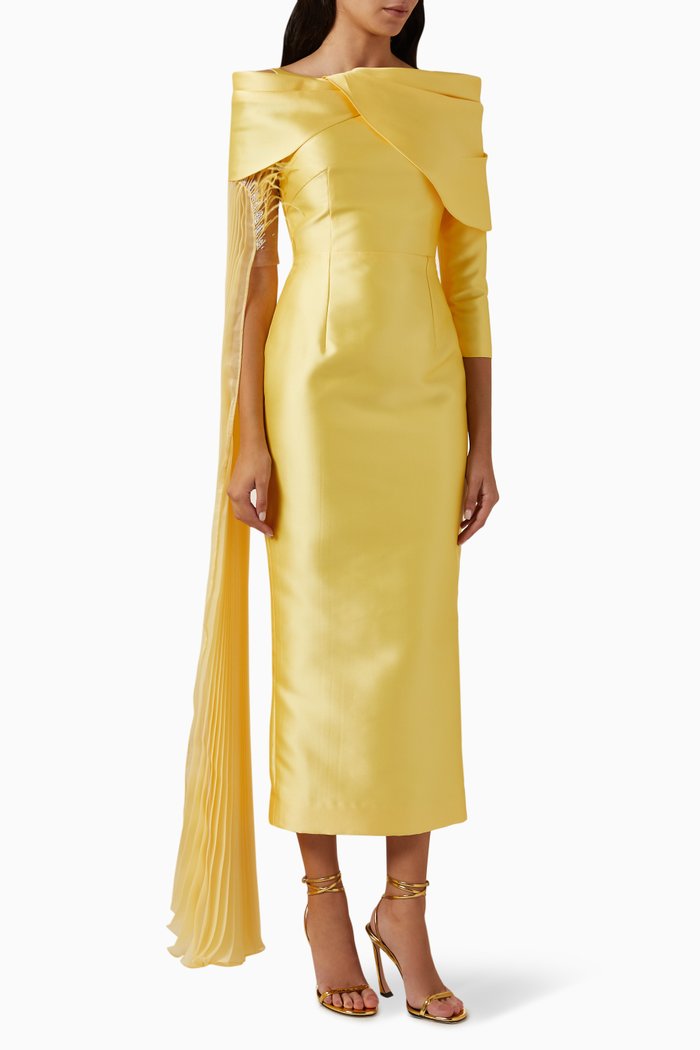

Pleated Sleeve Off-shoulder Dress in Satin Crepe, Yellow