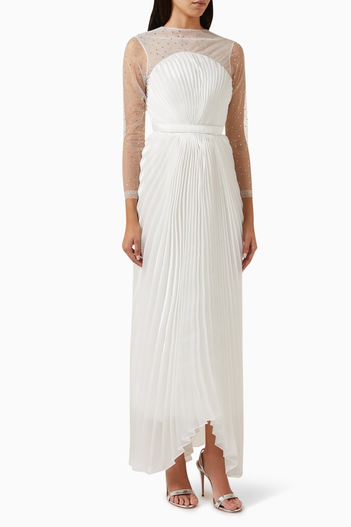 

Crystal-embellished Pleated Dress, Neutral