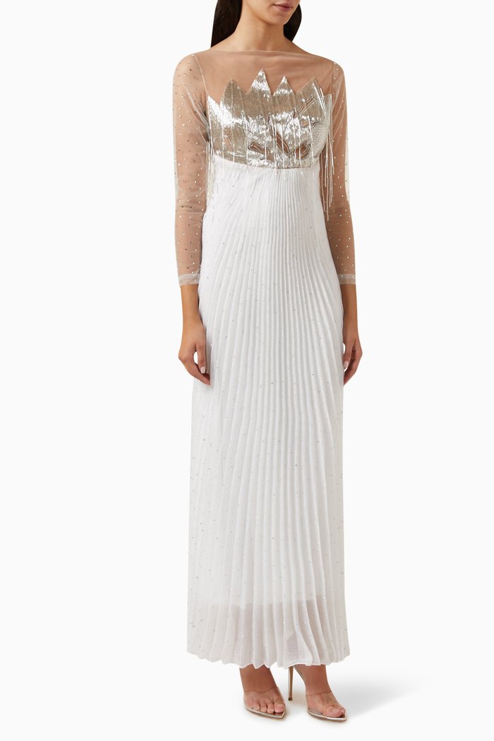 

Sequin-embellished Pleated Dress, Neutral