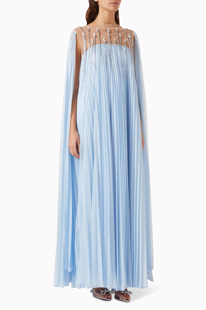 Sequin-embellished Pleated Cape Dress, Blue