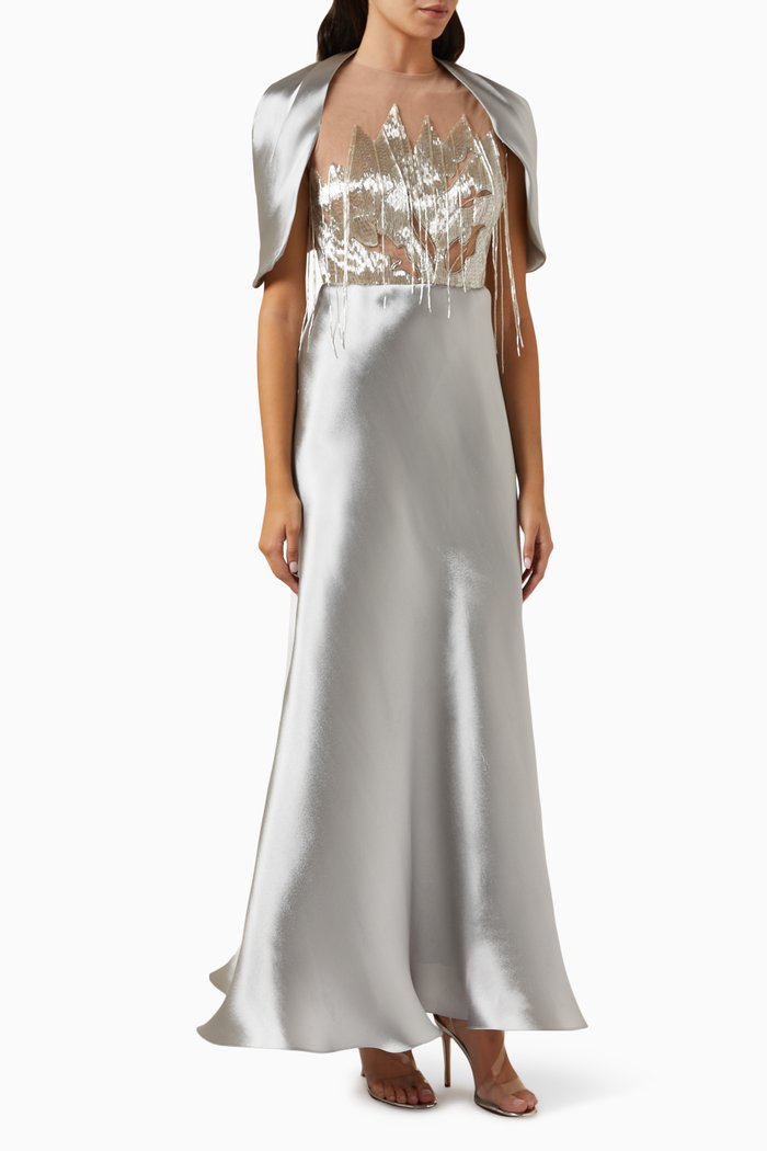 

Sculptural Fringe Dress in Satin Crepe, Silver
