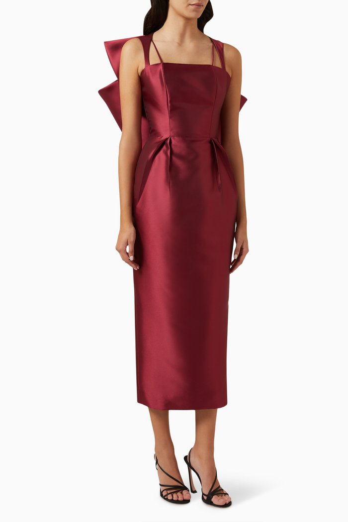 Statement Bow Midi Dress in Satin Crepe, Red