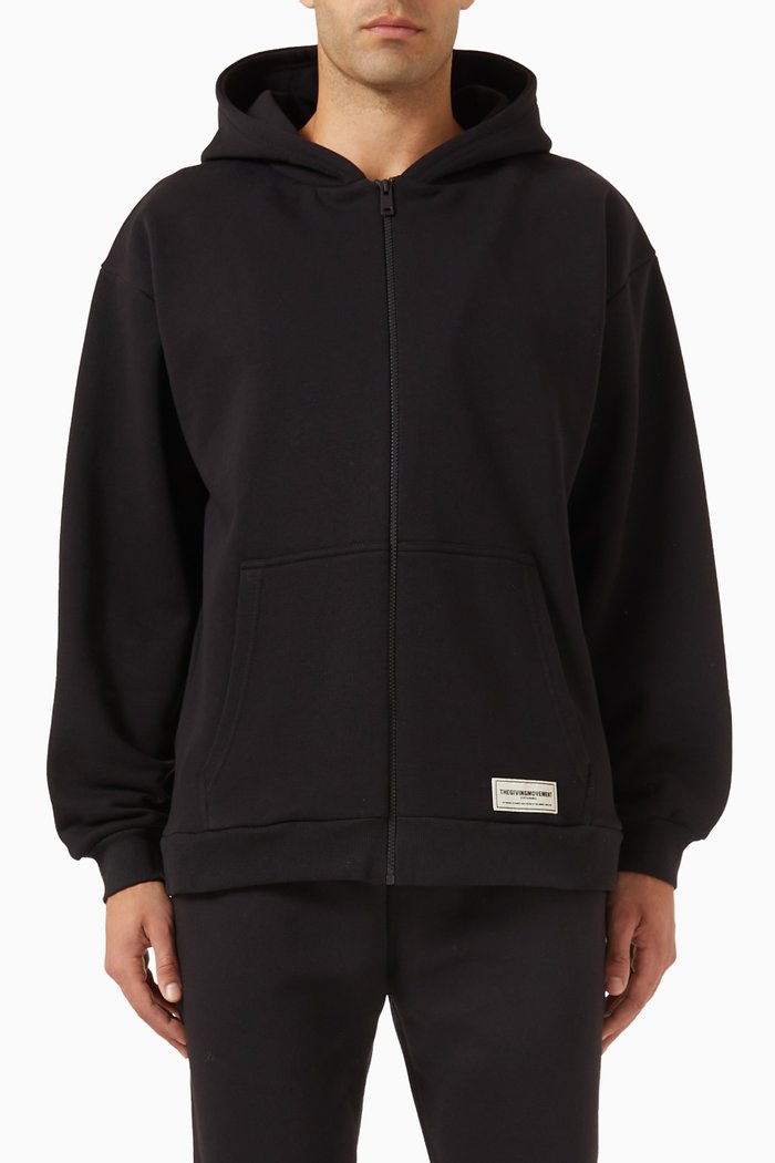

Oversized Zip Logo Hoodie in Organic Cotton Blend, Black
