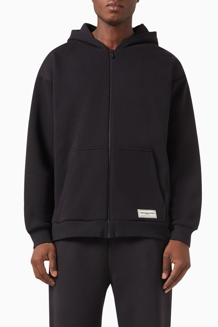 

Oversized Zip Logo Hoodie in Organic Cotton Blend, Black