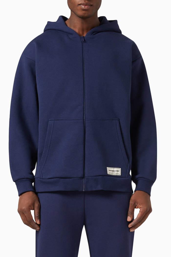 Oversized Zip Logo Hoodie in Organic Cotton Blend, Blue
