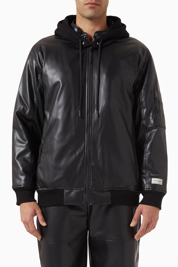 

Hooded Bomber Jacker in PLEATHER©, Black