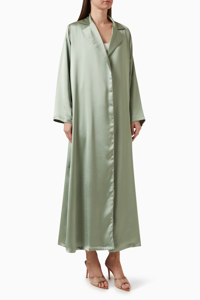 

Notched Collar Abaya in Satin Silk, Green