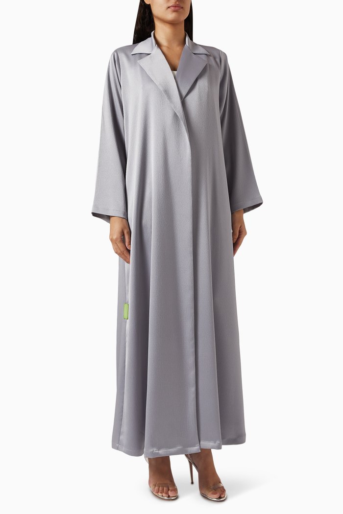

Notched Collar Abaya in Dot Line Silk, Grey