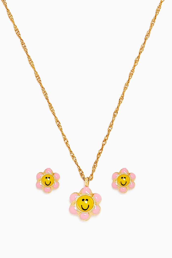

Smiley Floral Enamel Earrings & Necklace Set in 18kt Gold