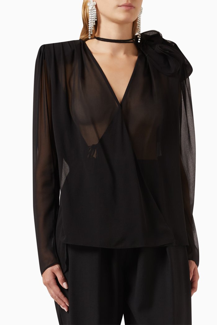 

Floral Wrap-around Blouse in Silk Chiffon, Black