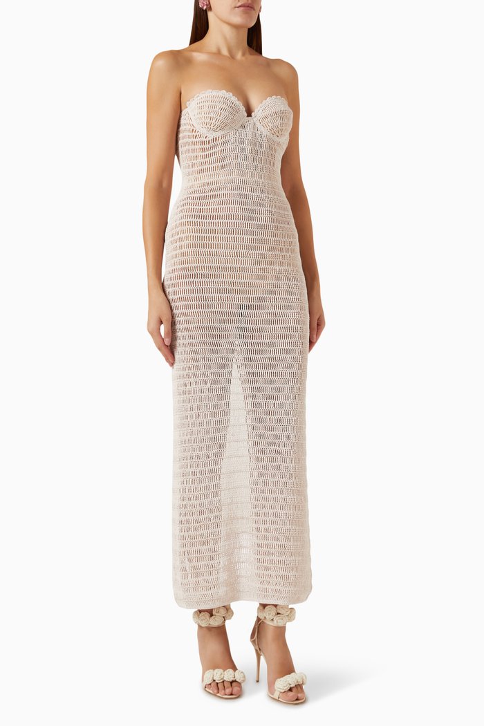 

Handmade Bustier Maxi Dress in Crochet, Neutral