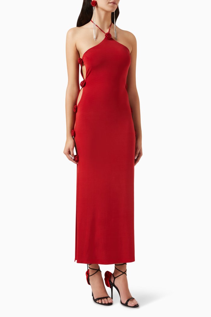 

Rosette Halterneck Maxi Dress in Cupro, Red