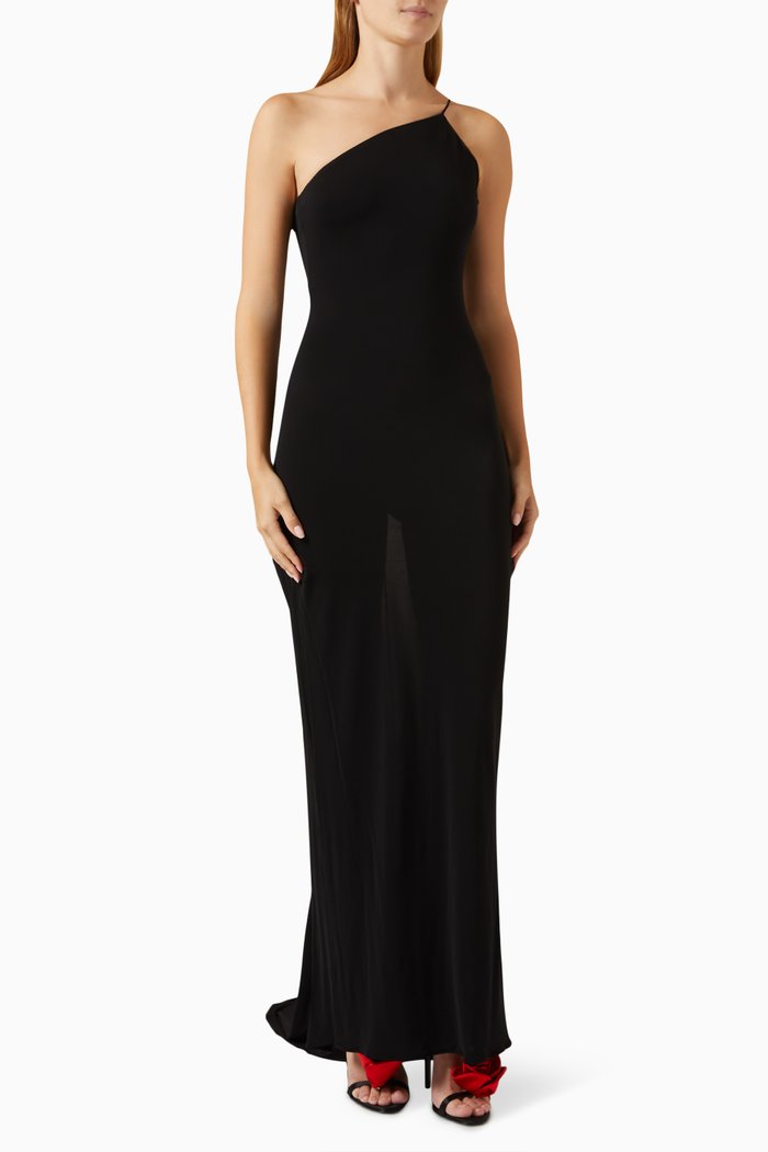 

One-shoulder Rosette Maxi Dress in Jersey, Black