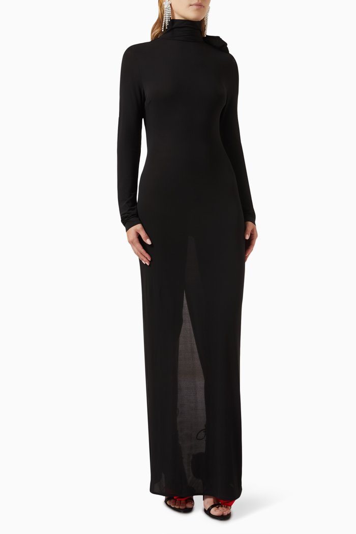 

Flower-embellished Maxi Dress in Sheer Viscose, Black
