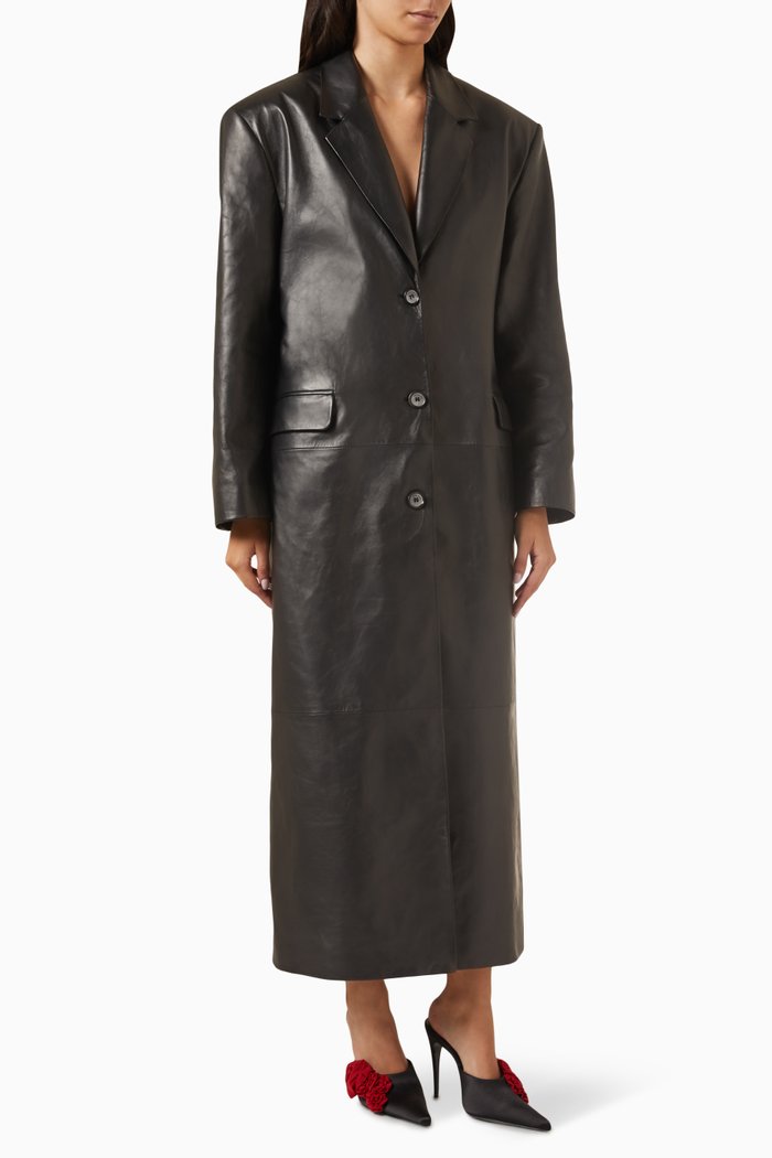 

Single-breasted Coat in Leather, Black