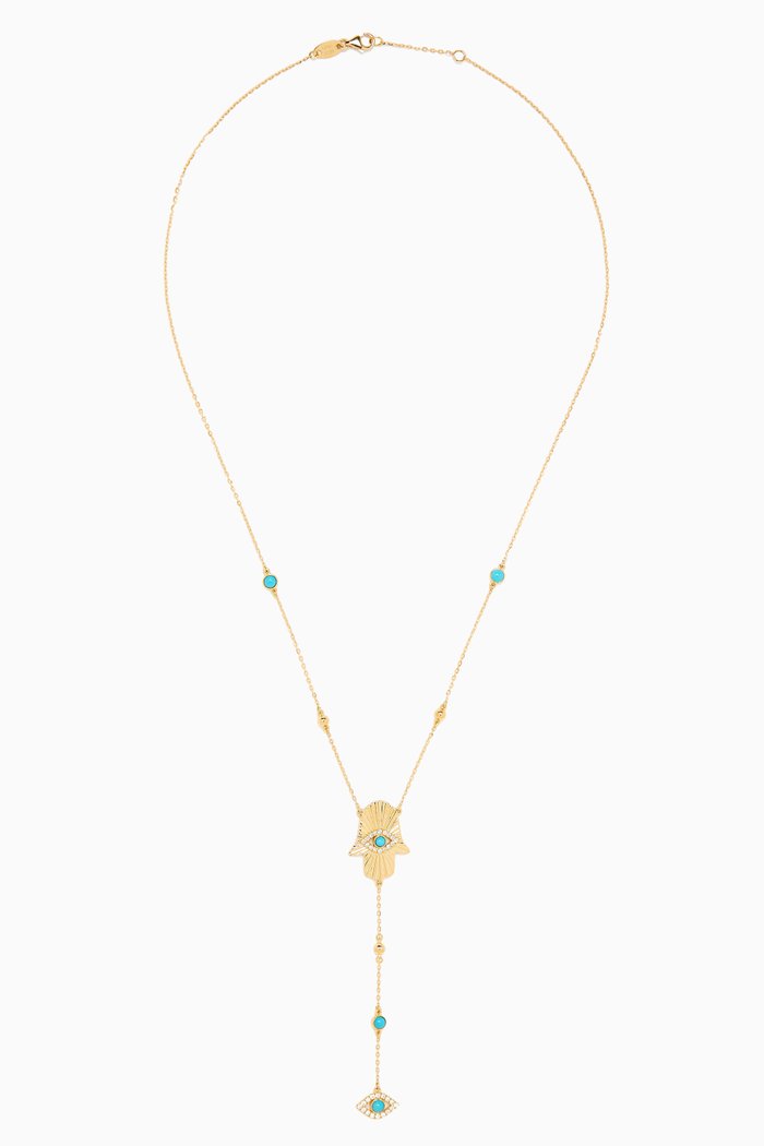 

Talisman Hand of Fatima & Evil Eye Charm Diamond & Lariat Necklace in 18k tYellow Gold, Yellow