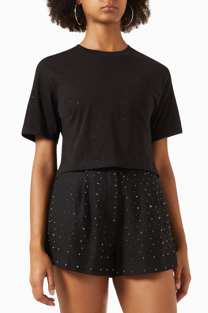 

Cubisme Rhinestone-embellished Cropped T-shirt in Cotton-jersey, Black