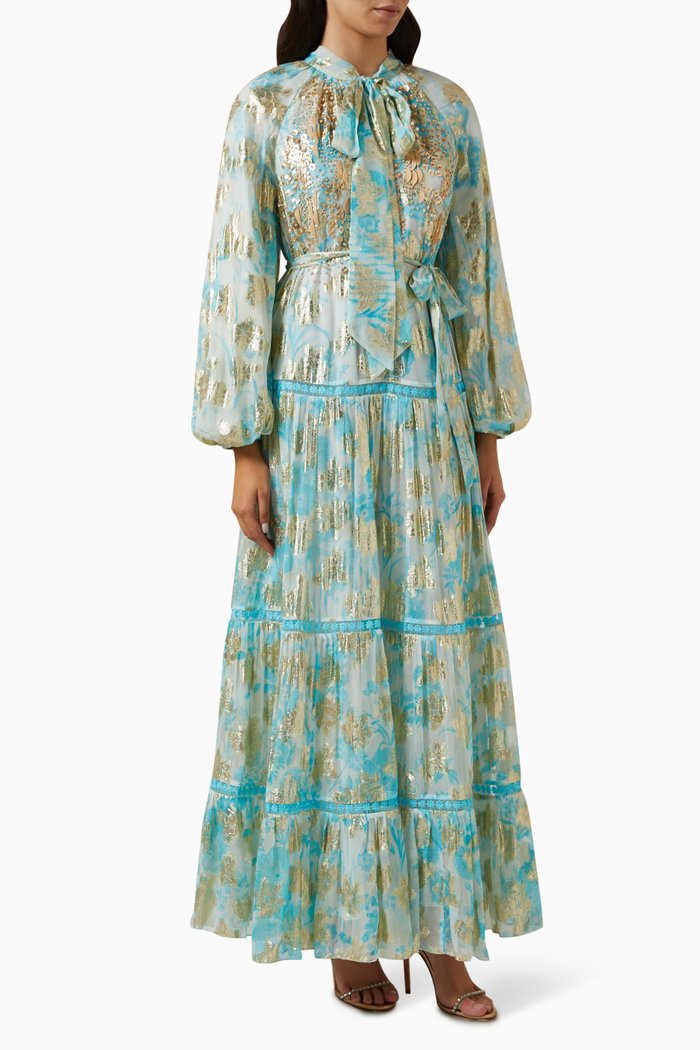 

Kasba Tiered Maxi Dress in Lurex-georgette, Blue
