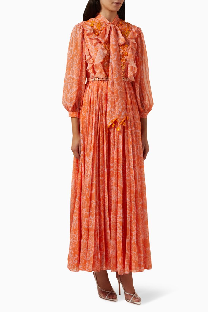 

Amber Pleated Maxi Dress in Chiffon, Orange