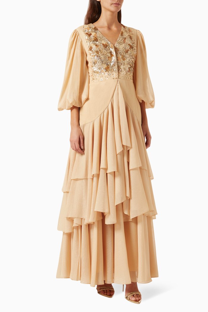 

Elegante Tiered Maxi Dress in Metallic-chiffon, Neutral