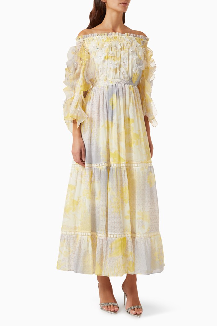 

Flow Ruffled Midi Dress in Chiffon, Yellow