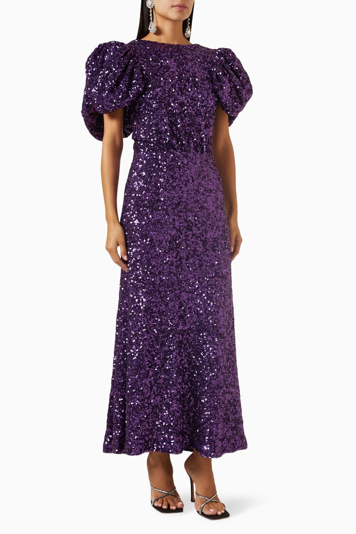 

Puff-sleeve Midi Dress in Sequins, Purple