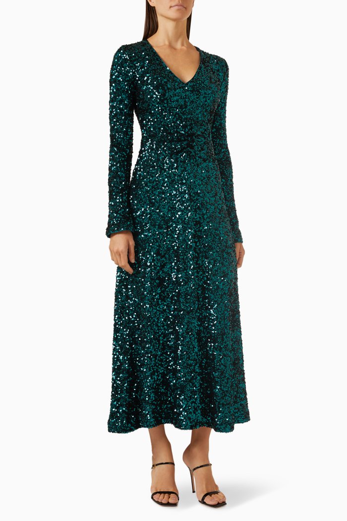 

Slit Midi Dress in Sequins, Green