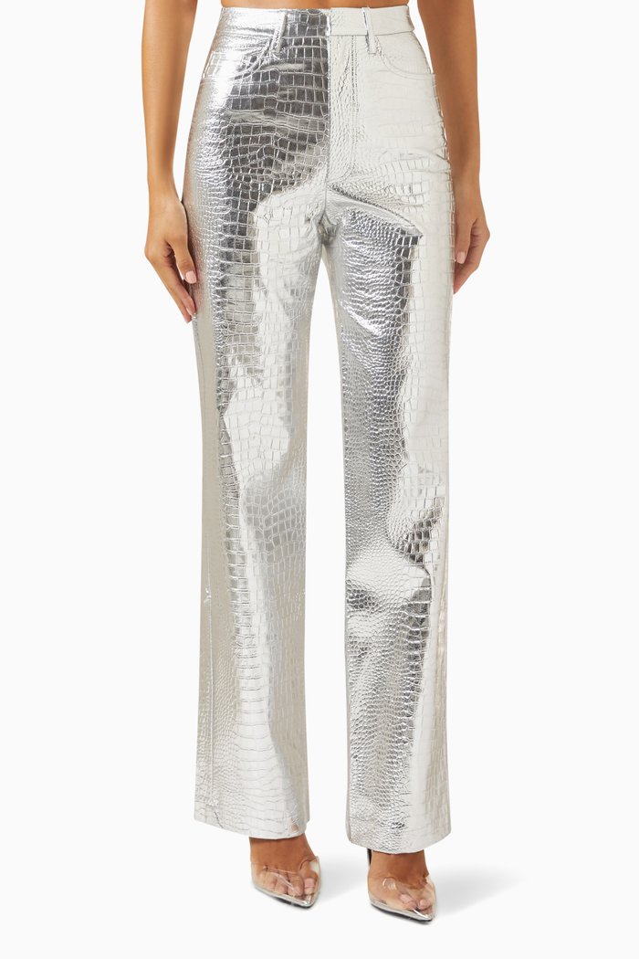 

Textured Pants in Croc-embossed Fabric, Silver