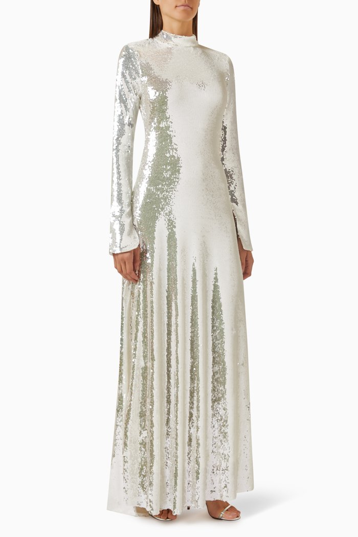 

Ruched-back Maxi Dress in Sequins, Silver