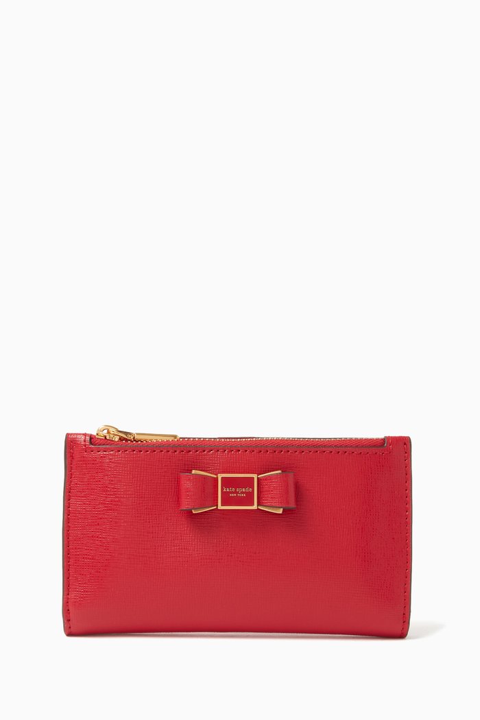 

Morgan Bow Embellished Small Slim Bifold Wallet in Saffiano Leather, Red