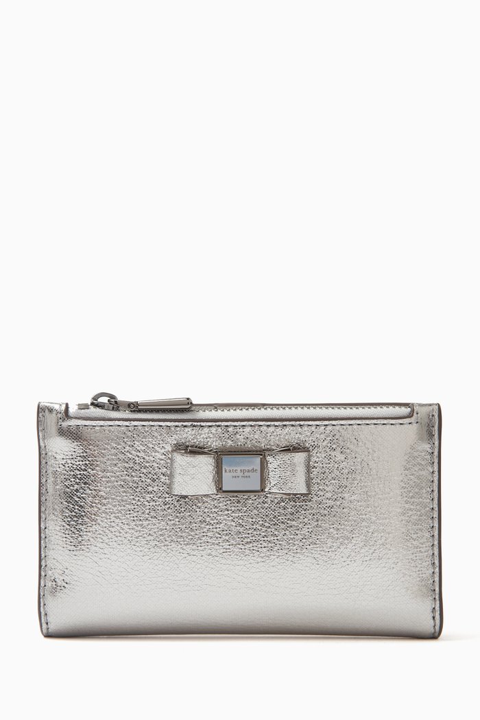 

Small Slim Morgan Bow Wallet in Metallic Leather, Silver