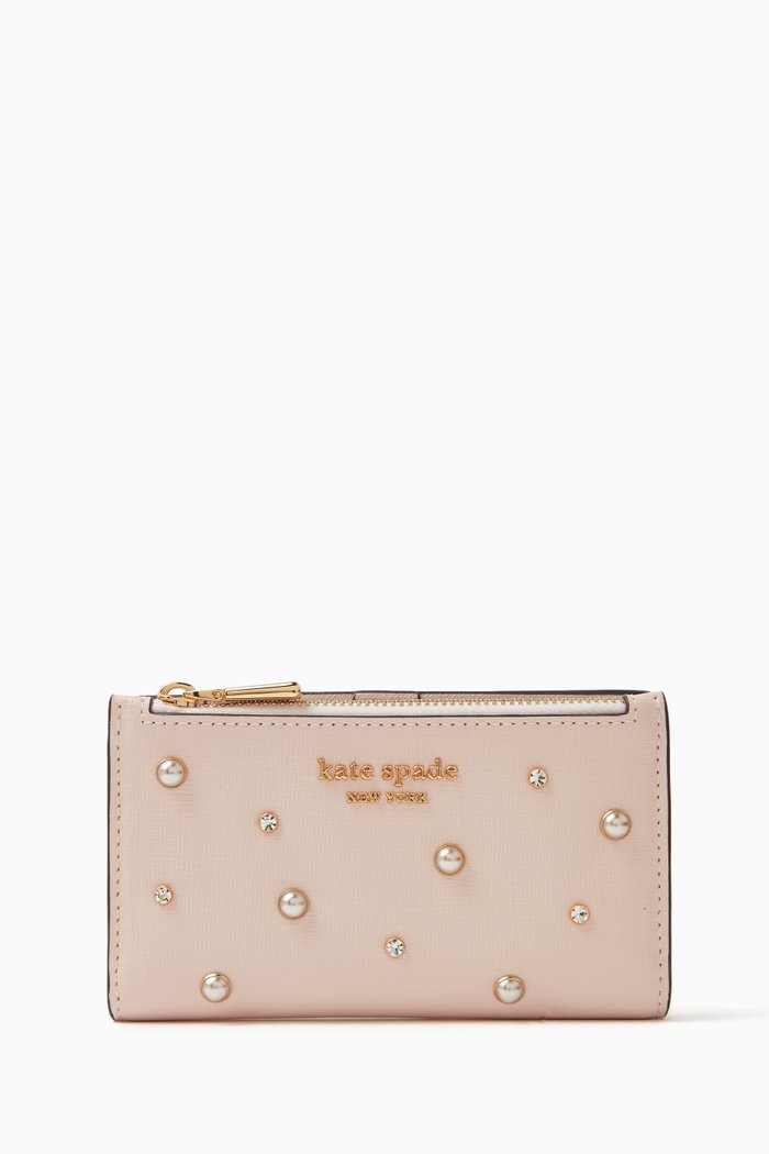 

Small Slim Purl Embellished Bifold Wallet in Leather, Pink