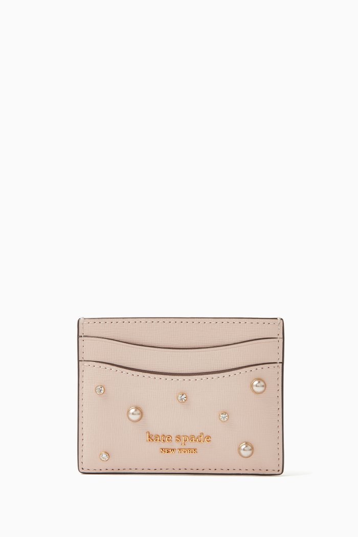 

Purl Embellished Card Holder in Saffiano Leather, Pink
